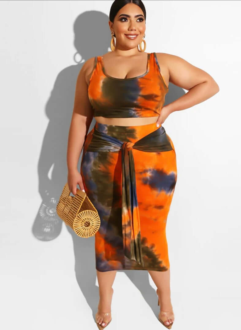Tie dye Plus Size Two Piece Tank Top & Midi Dress Outfits