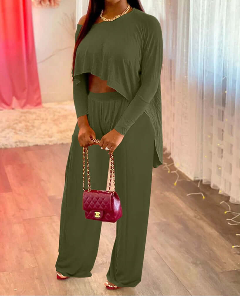 green two-piece crop top pants set