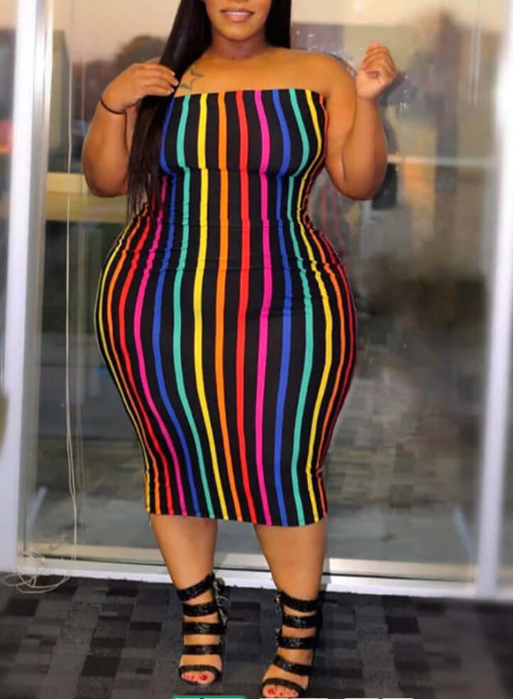 Off Shoulder Striped Print Bodycon Tube Midi Dress