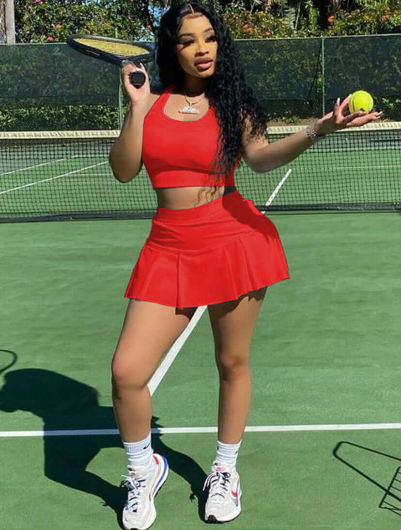 redTwo Piece Sleeveless Crop Top Pleated Skirt