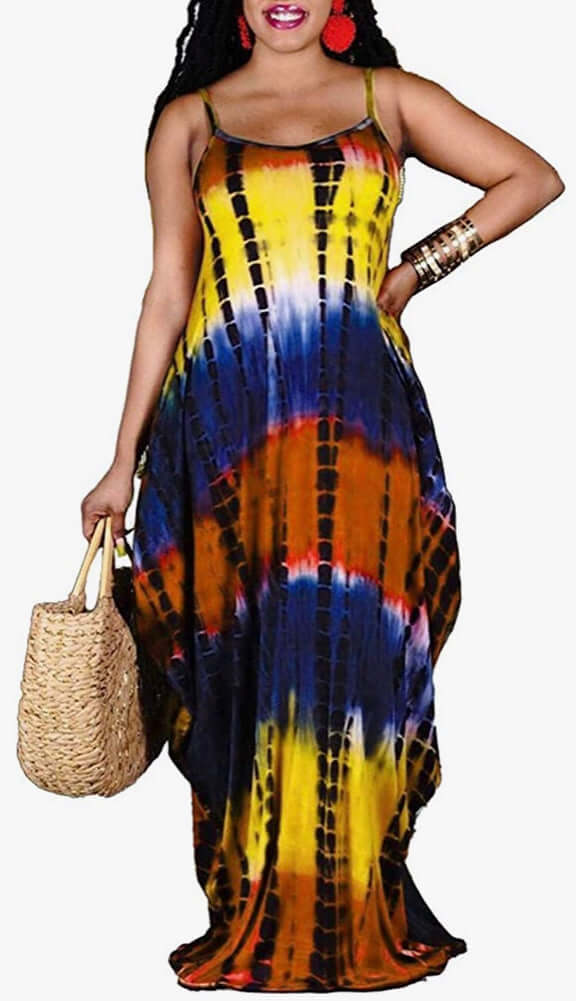 yellow Tie Dye Strap Sleeveless Scoop Neck Boho Maxi Dresses