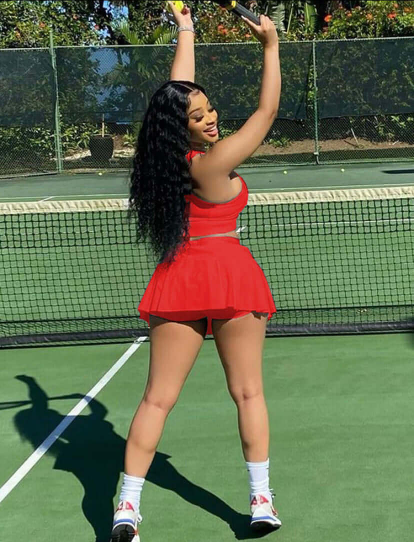 red Two Piece Sleeveless Crop Top Pleated Skirt