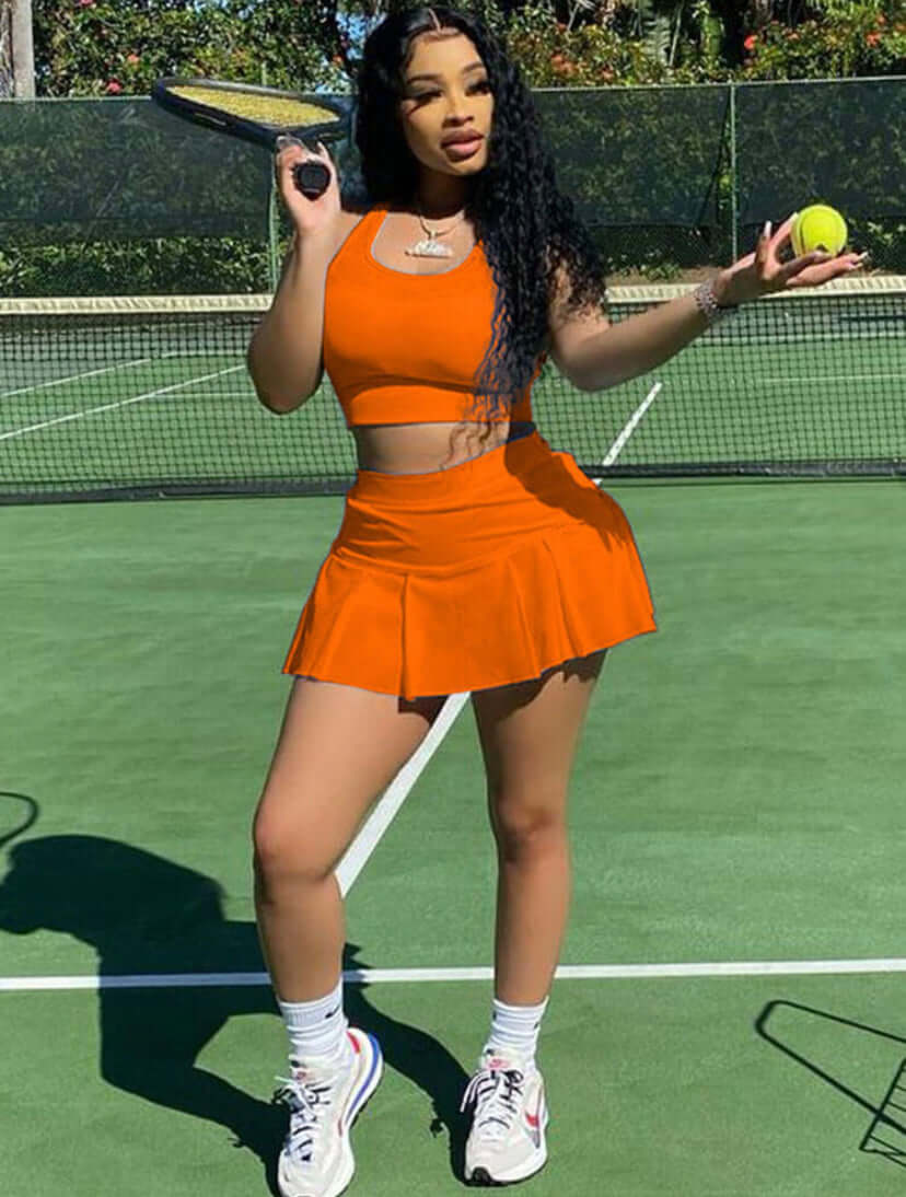 orange Two Piece Sleeveless Crop Top Pleated Skirt