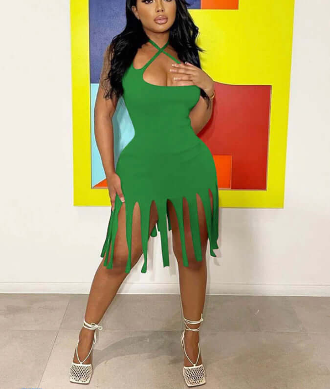 Strap Halter Criss Cross Backless Tassels Mini Party Dress