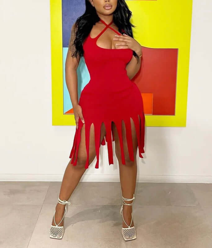 Strap Halter Criss Cross Backless Tassels Mini Party Dress