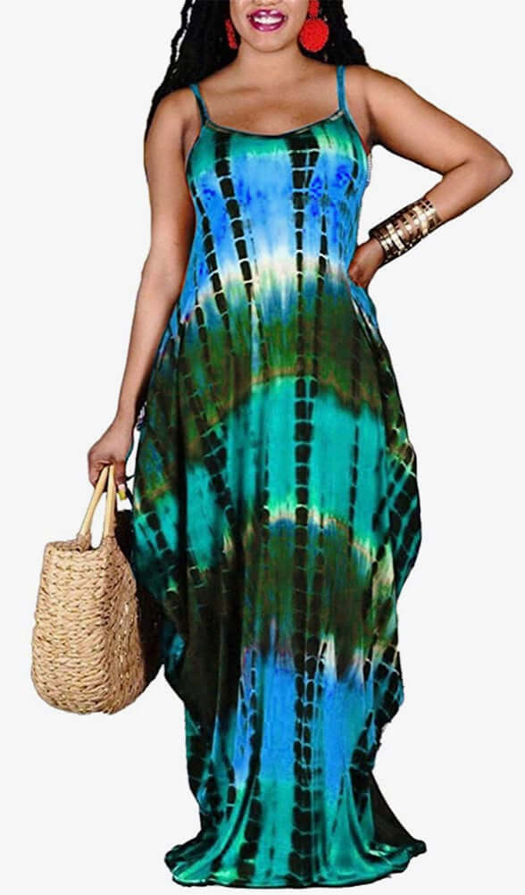 green Tie Dye Strap Sleeveless Scoop Neck Boho Maxi Dresses