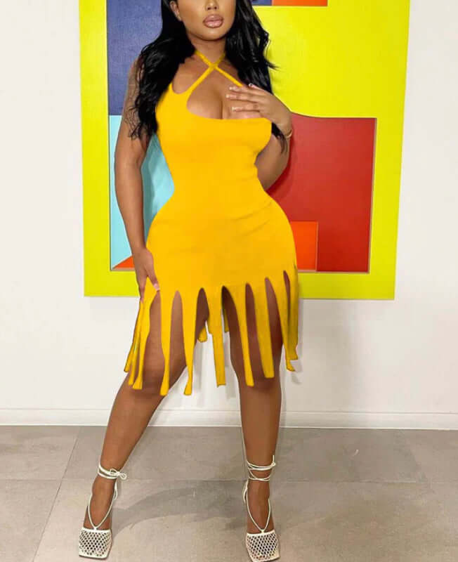 Strap Halter Criss Cross Backless Tassels Mini Party Dress