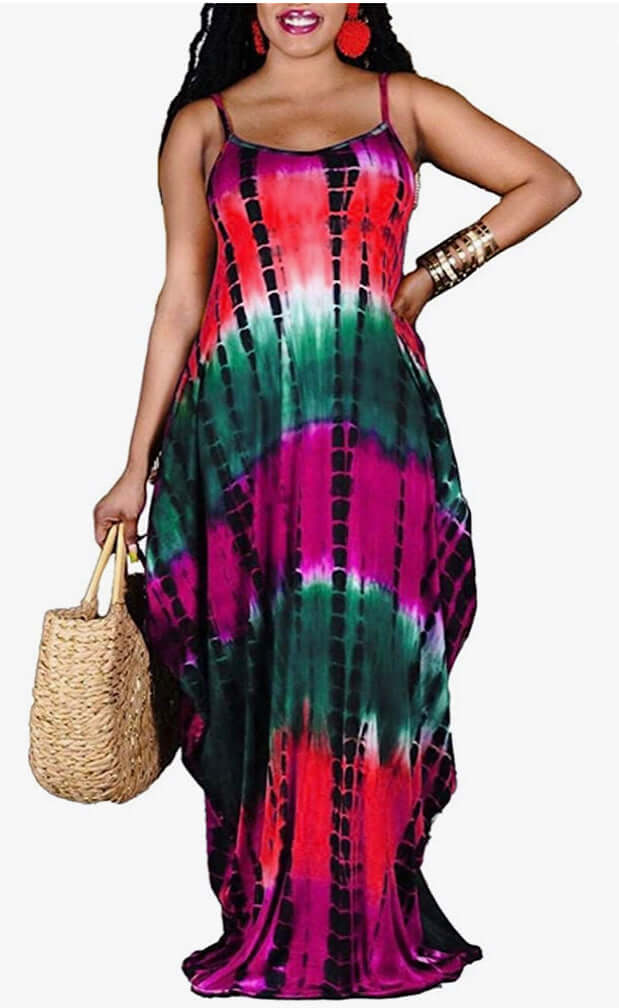 pink Tie Dye Strap Sleeveless Scoop Neck Boho Maxi Dresses