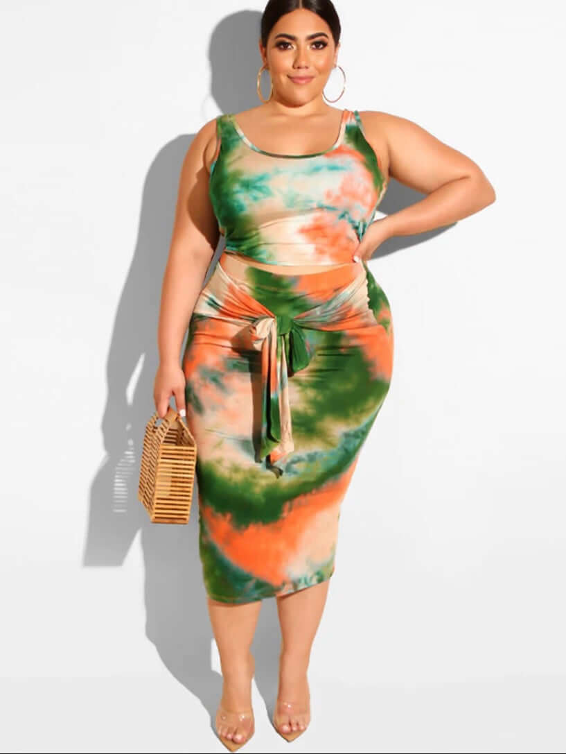 Tie dye Plus Size Two Piece Tank Top & Midi Dress Outfits
