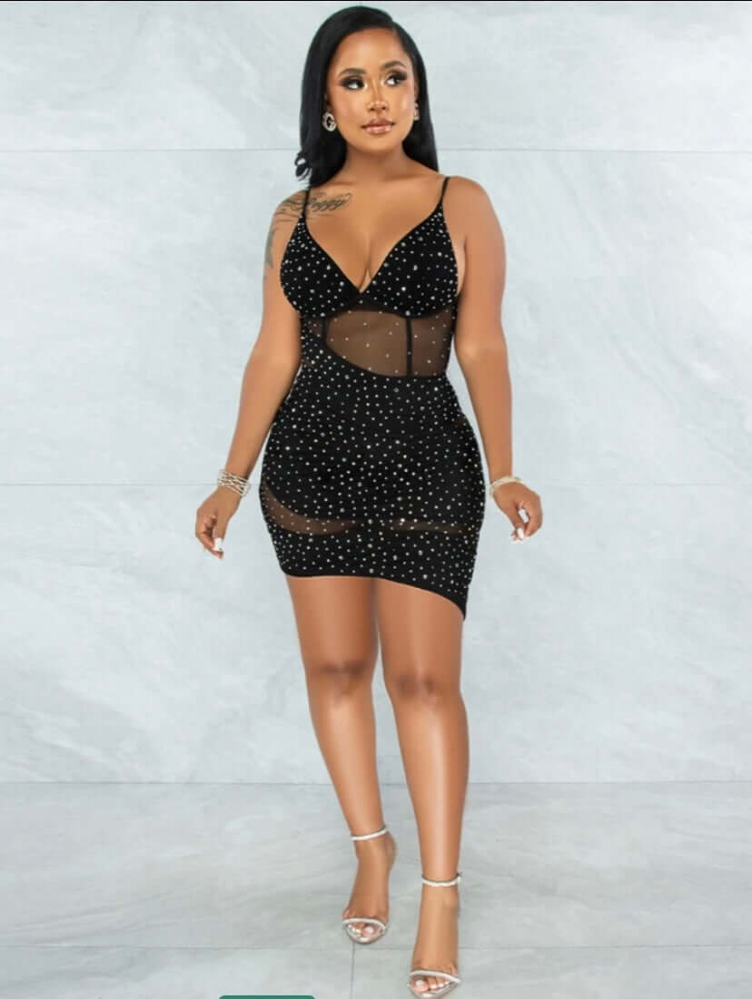 black Halter Neck Hot Drilling Sheer Mesh Irregular Dress