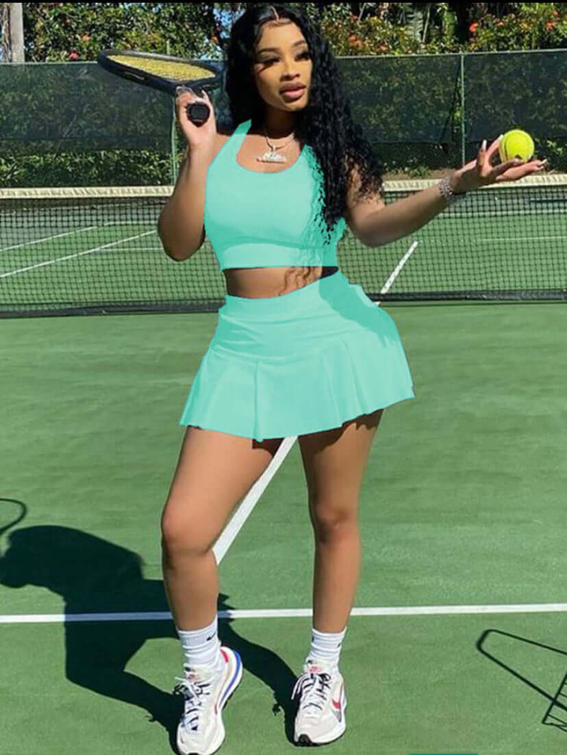blue Two Piece Sleeveless Crop Top Pleated Skirt