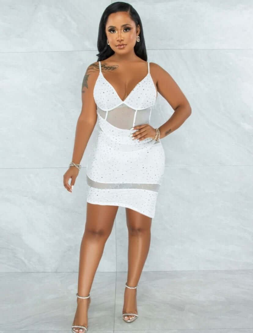 white Halter Neck Hot Drilling Sheer Mesh Irregular Dress