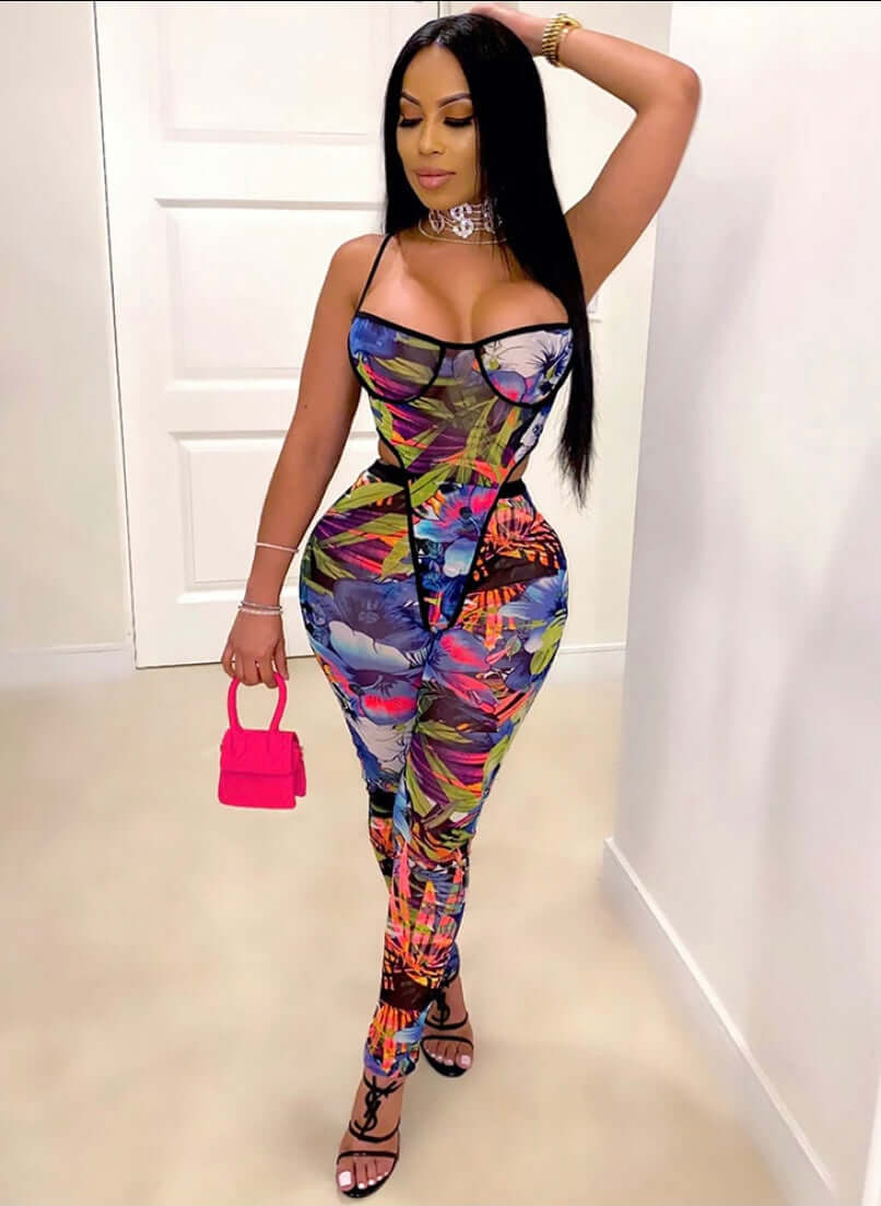 Two Piece Mesh Spaghetti Strap Print Top & Long Pants