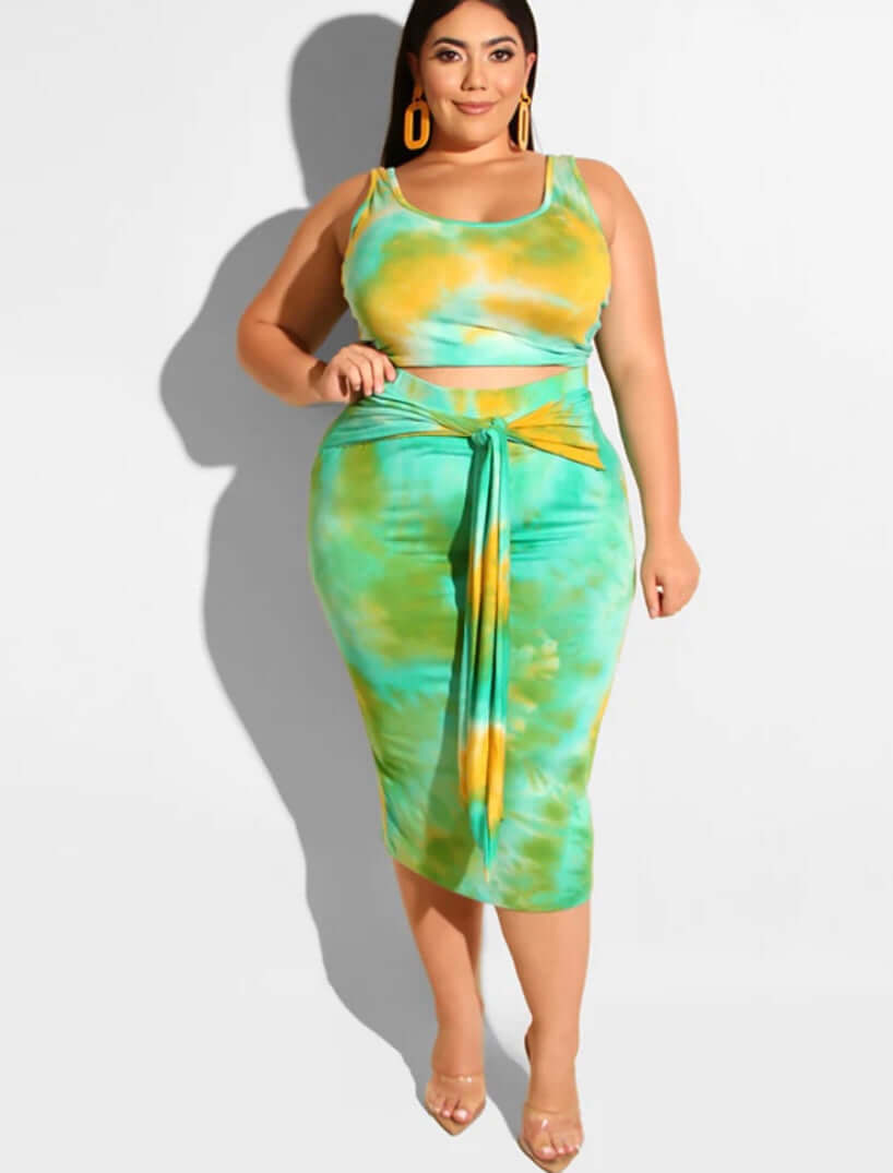 Tie dye Plus Size Two Piece Tank Top & Midi Dress Outfits