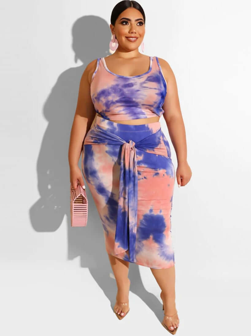 Tie dye Plus Size Two Piece Tank Top & Midi Dress Outfits