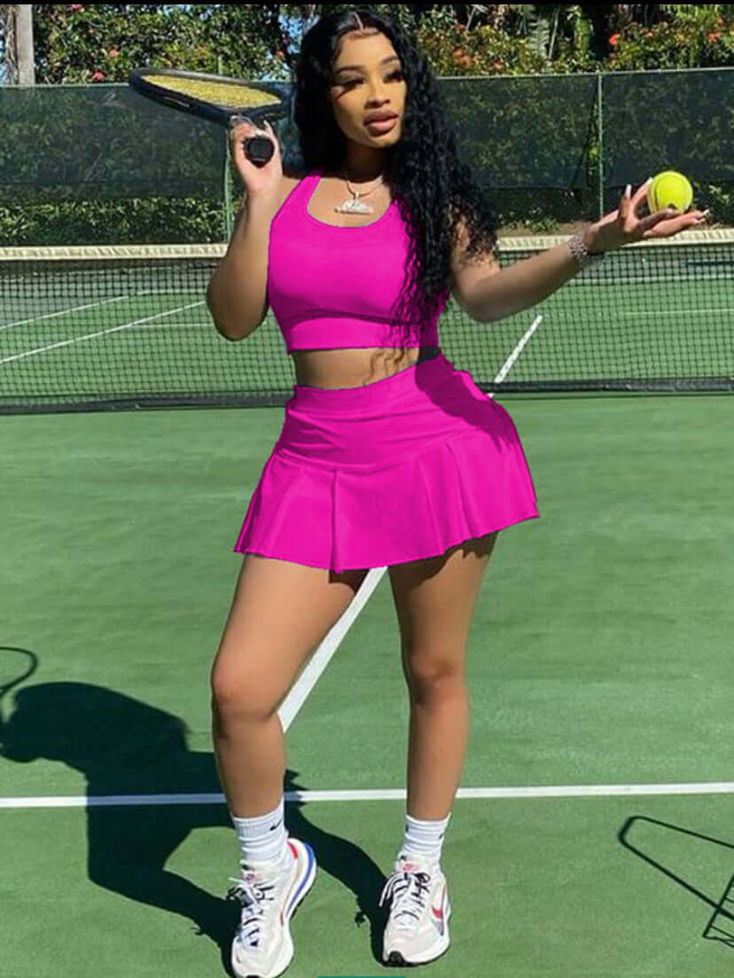pink Two Piece Sleeveless Crop Top Pleated Skirt
