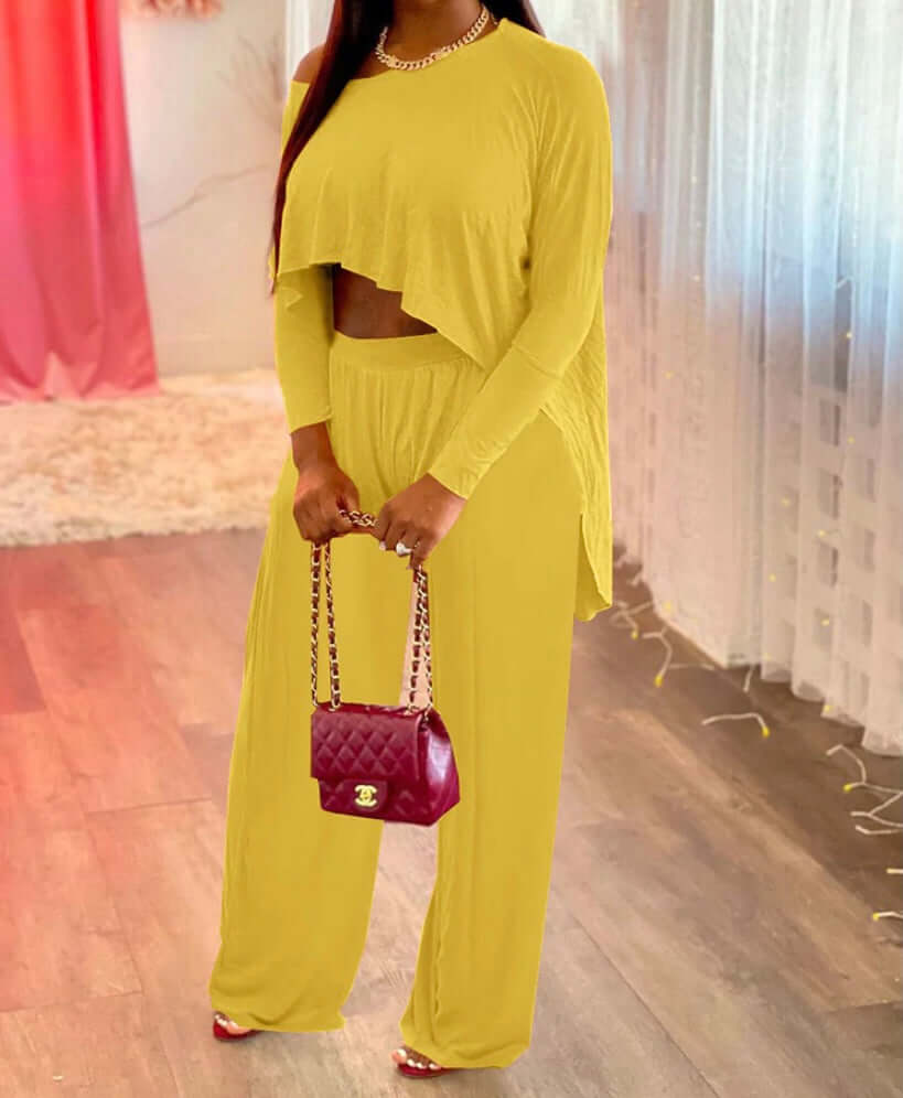 yellow two-piece crop top pants set