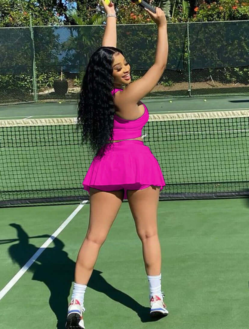 pink Two Piece Sleeveless Crop Top Pleated Skirt