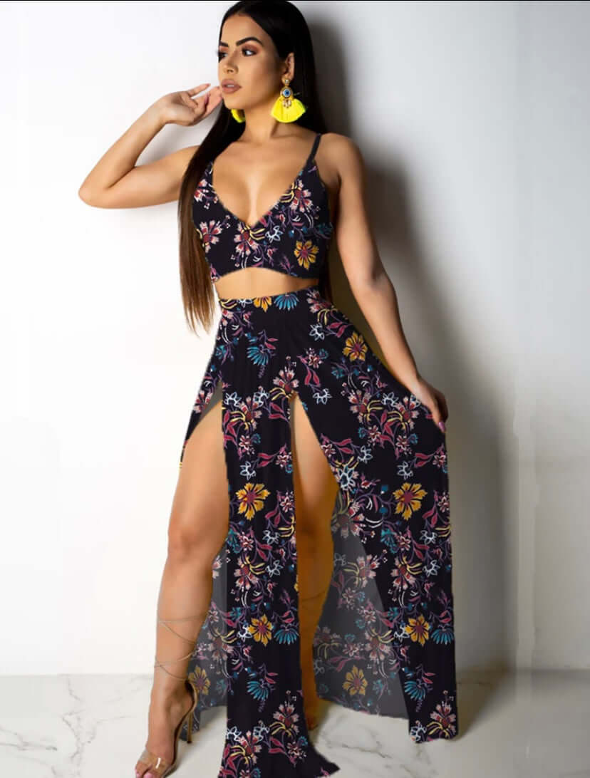 blue Women Tassels Hollow Out 2 Piece Outfits