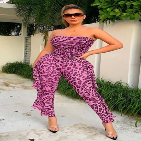 pink Leopard Mesh Off Shoulder Ruffle Long Jumpsuit