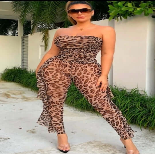 nude Leopard Mesh Off Shoulder Ruffle Long Jumpsuit