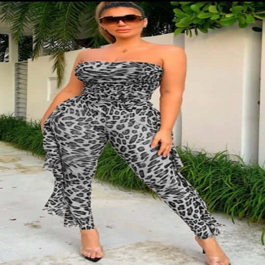black Leopard Mesh Off Shoulder Ruffle Long Jumpsuit