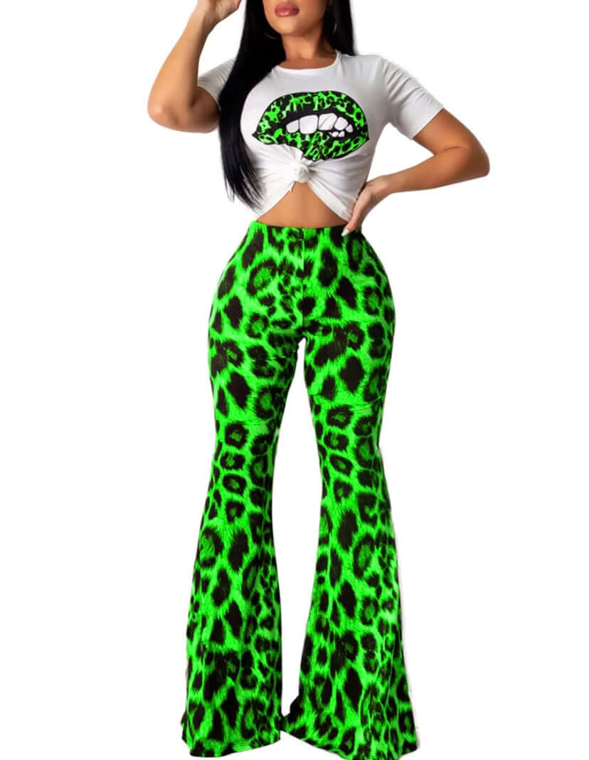 green Lips Crop Top and Leopard Print Flare Pants