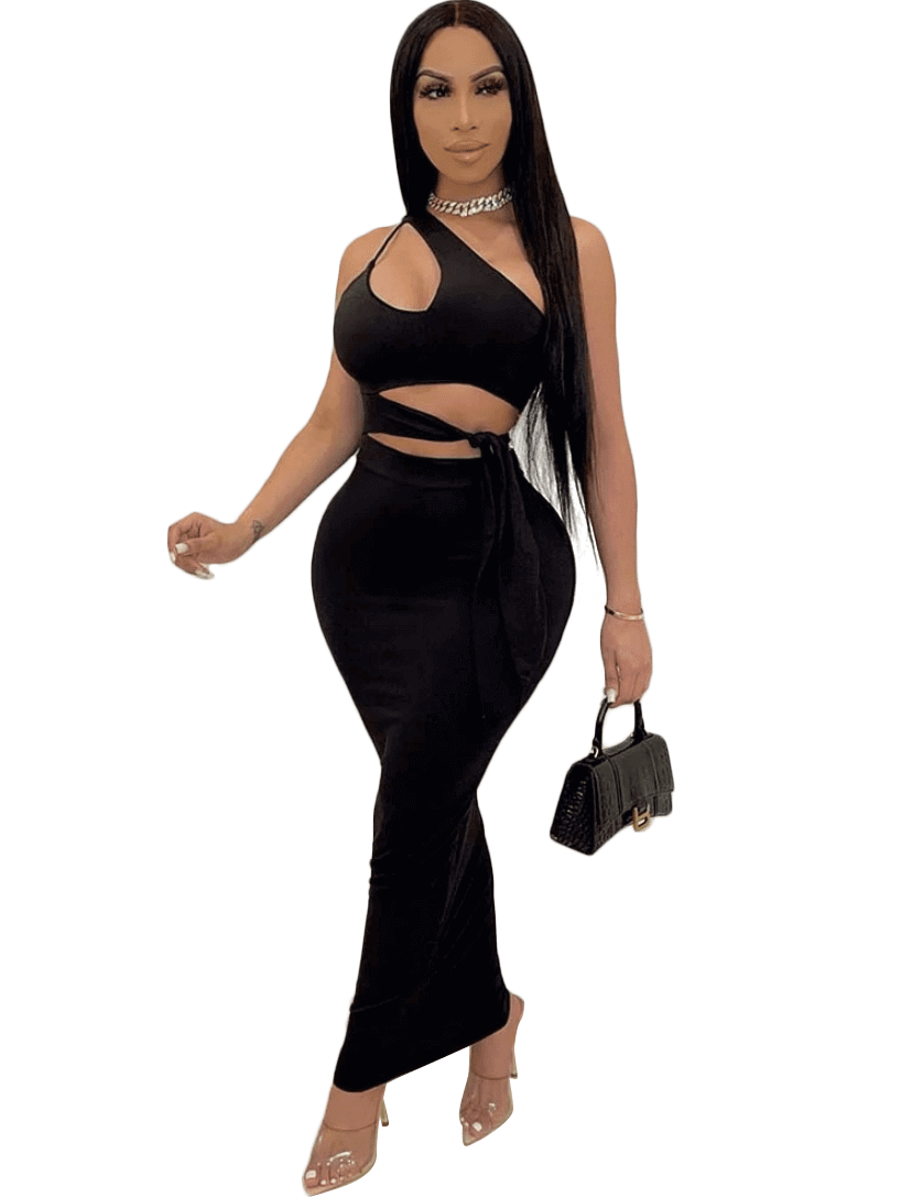 black Sleeveless One Shoulder Tie Waist Maxi Dress Outfits