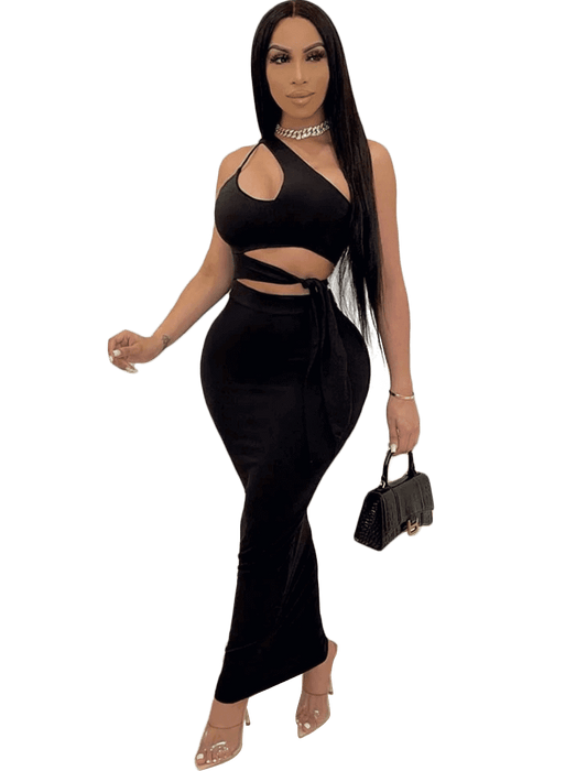 black Sleeveless One Shoulder Tie Waist Maxi Dress Outfits