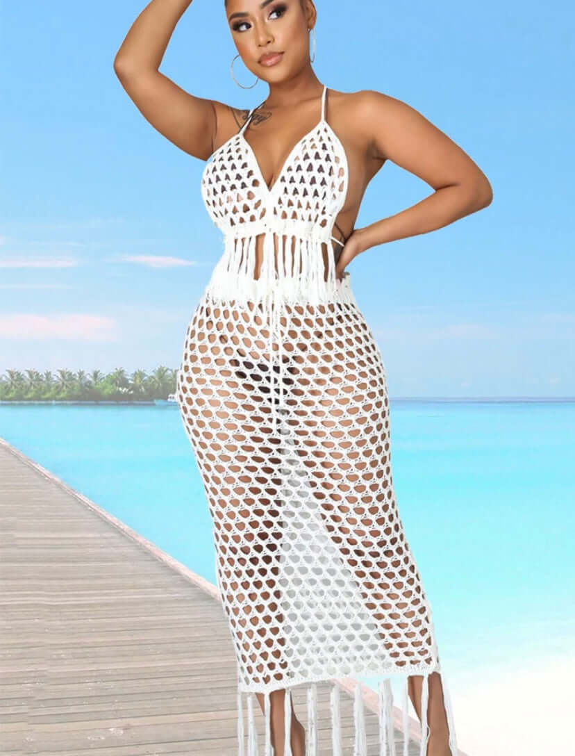 white Women 2 Piece Sexy Swimwear Cover-Ups Mesh Crochet Tassel