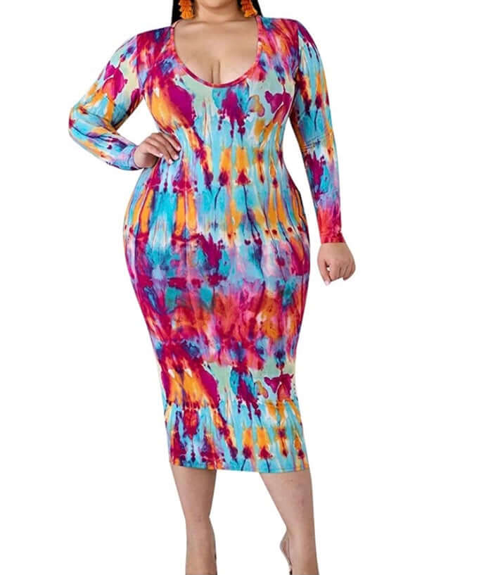 Plus Size Tie Dye Striped Multicolor Maxi Dresses