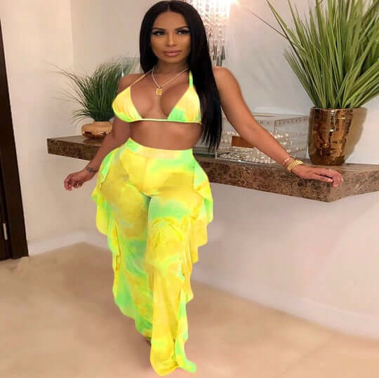 yellow Two Piece Ruffle Halter Bikini Swimsuits
