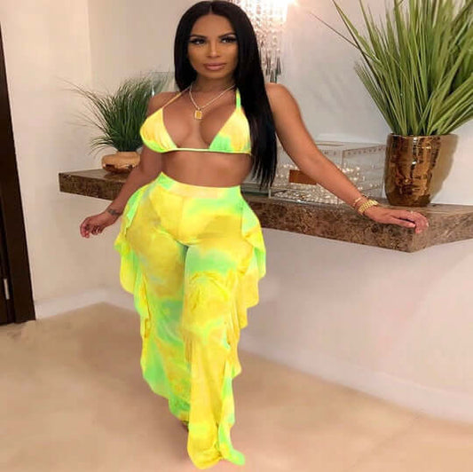 yellow Two Piece Ruffle Halter Bikini Swimsuits