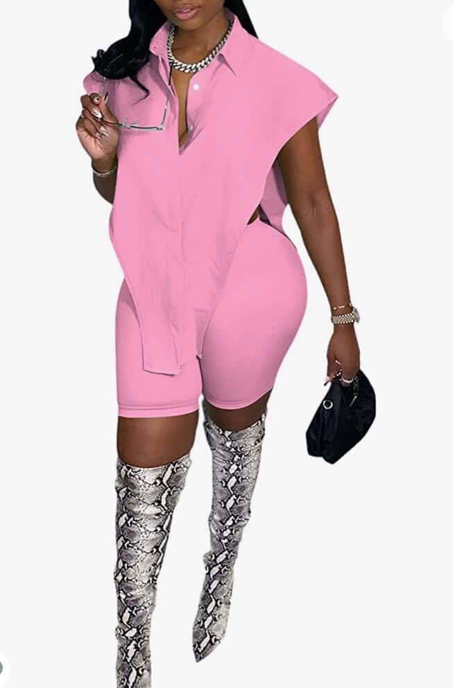 pink Women's Two Piece Outfits Side Slit Irregular Shirt and Bodycon Shorts Sets