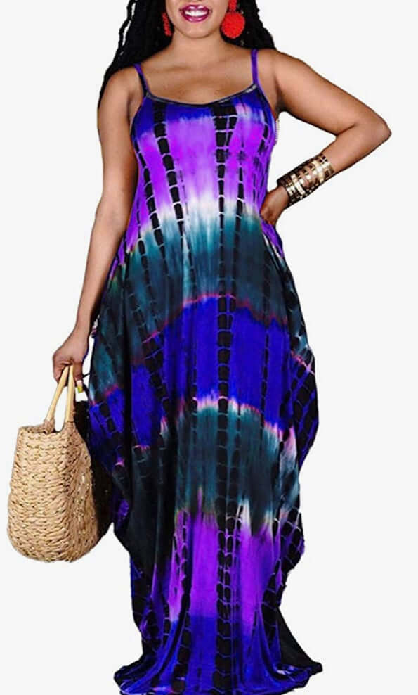 purple Tie Dye Strap Sleeveless Scoop Neck Boho Maxi Dresses