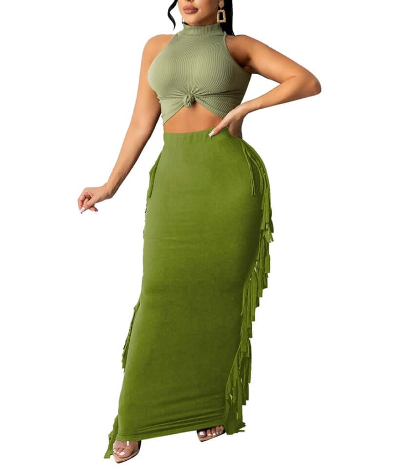 green Women's Elastic Waist Slim Bodycon Side Tassels Long Maxi Pencil Skirts