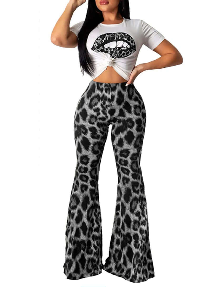 grey Lips Crop Top and Leopard Print Flare Pants