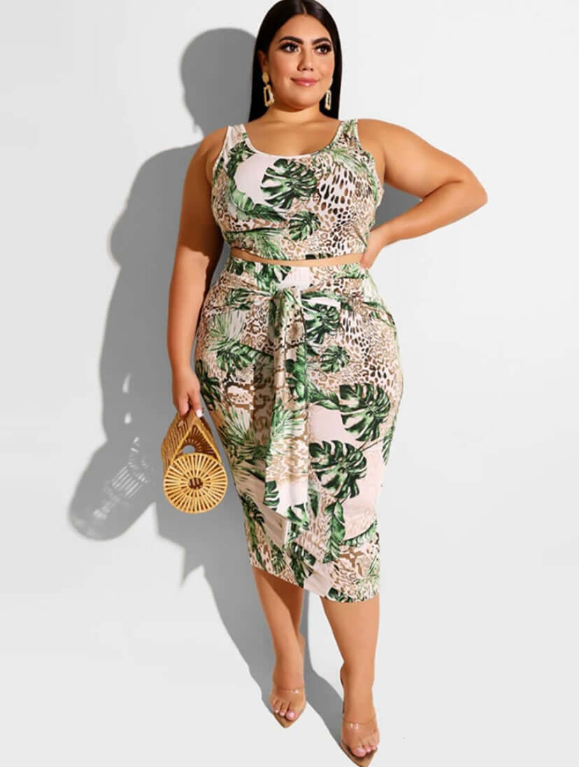 tropical Plus Size Two Piece Tank Top & Midi Dress Outfits