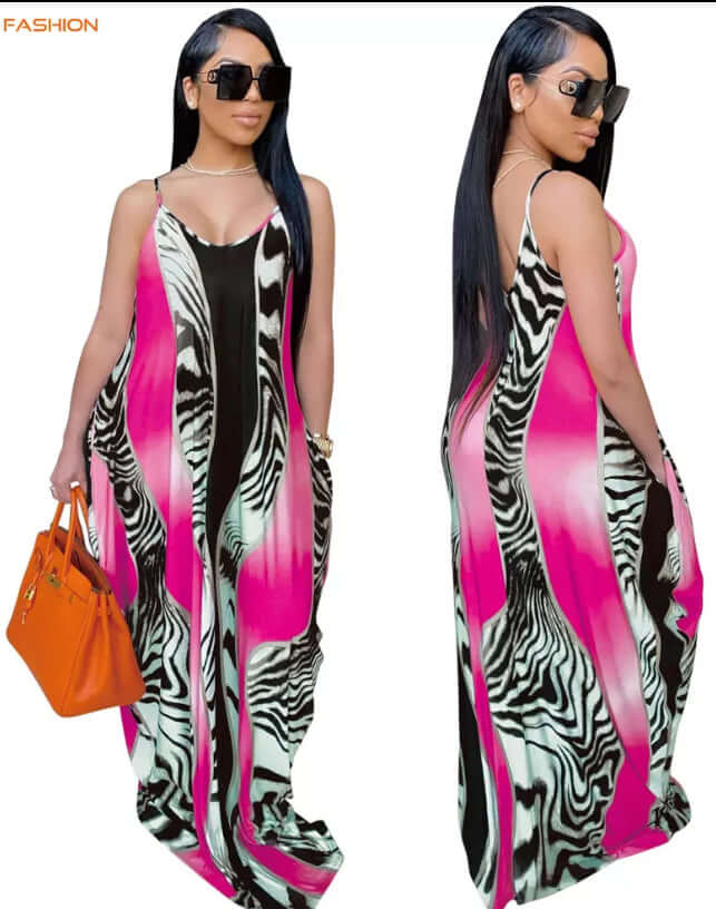 Leopard Stripe Maxi Dress Print Floor Length with Pockets