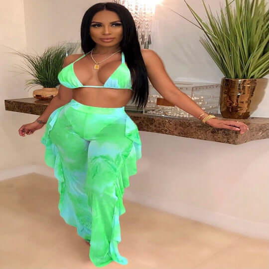 green Two Piece Ruffle Halter Bikini Swimsuits