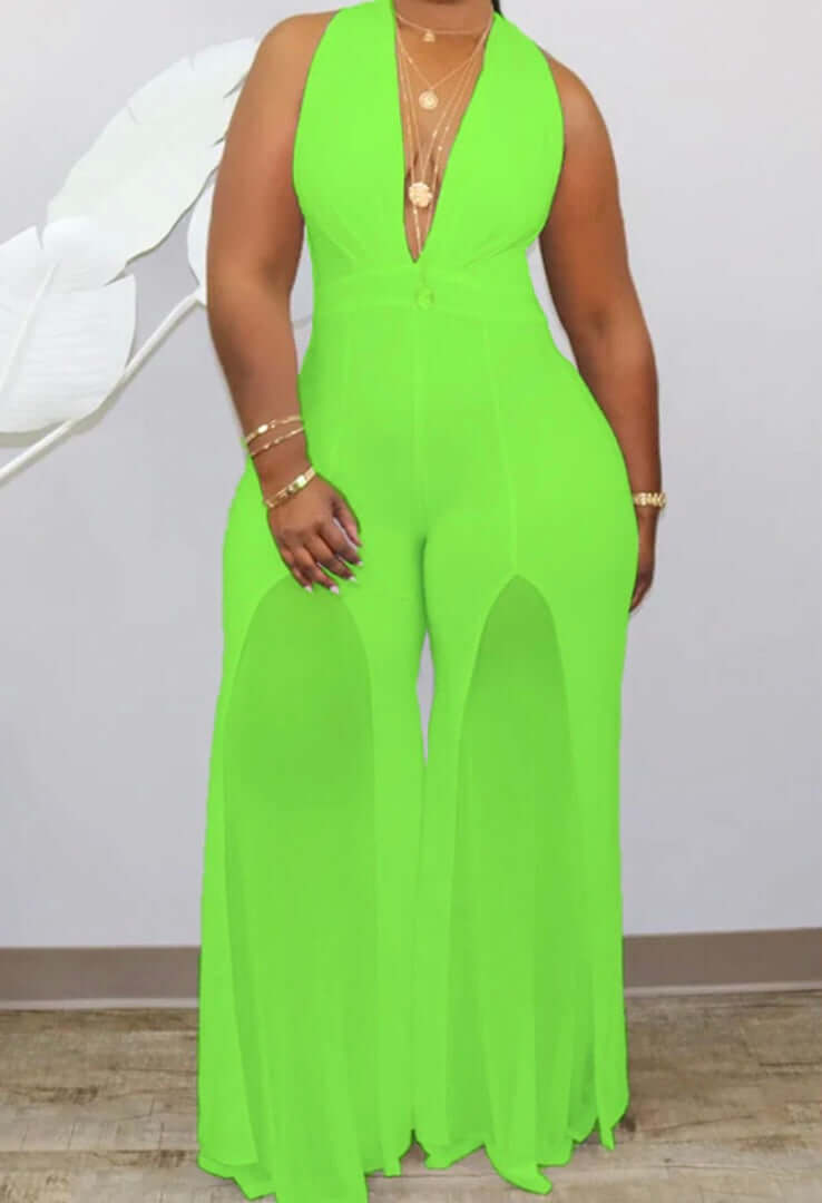 lime Plus Size Halter Wide Leg Pant Jumpsuit