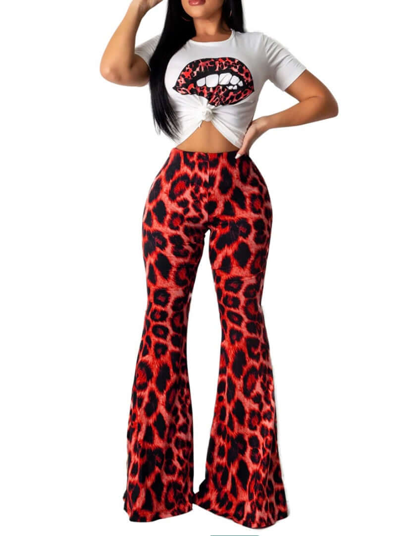 red Lips Crop Top and Leopard Print Flare Pants