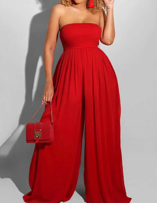 Women's Sexy Off Shoulder Tube Top Rompers High Waist Long Wide Leg Pants Jumpsuits