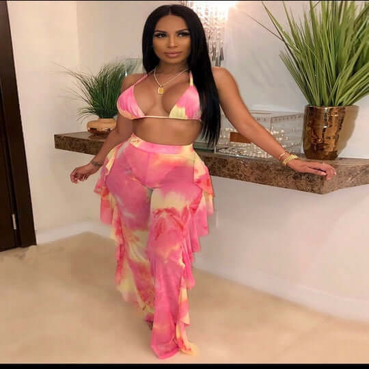 pink Two Piece Ruffle Halter Bikini Swimsuits