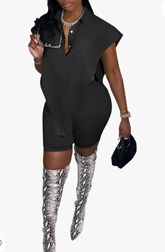 black Women's Sleeveless Two Piece Outfits Side Slit Irregular Shirt and Bodycon Shorts Sets