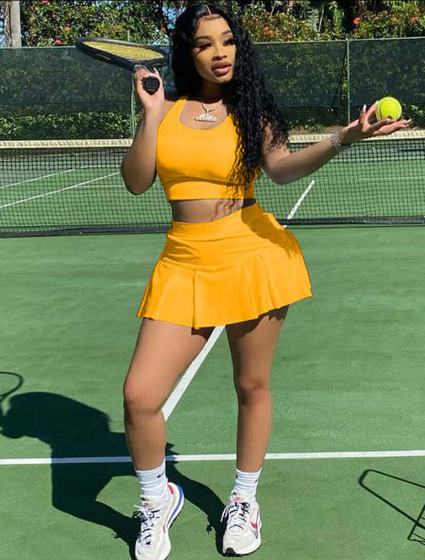 yellow Two Piece Sleeveless Crop Top Pleated Skirt