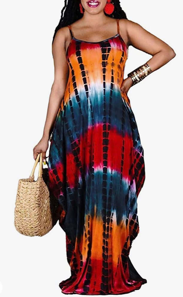 orange Tie Dye Strap Sleeveless Scoop Neck Boho Maxi Dresses