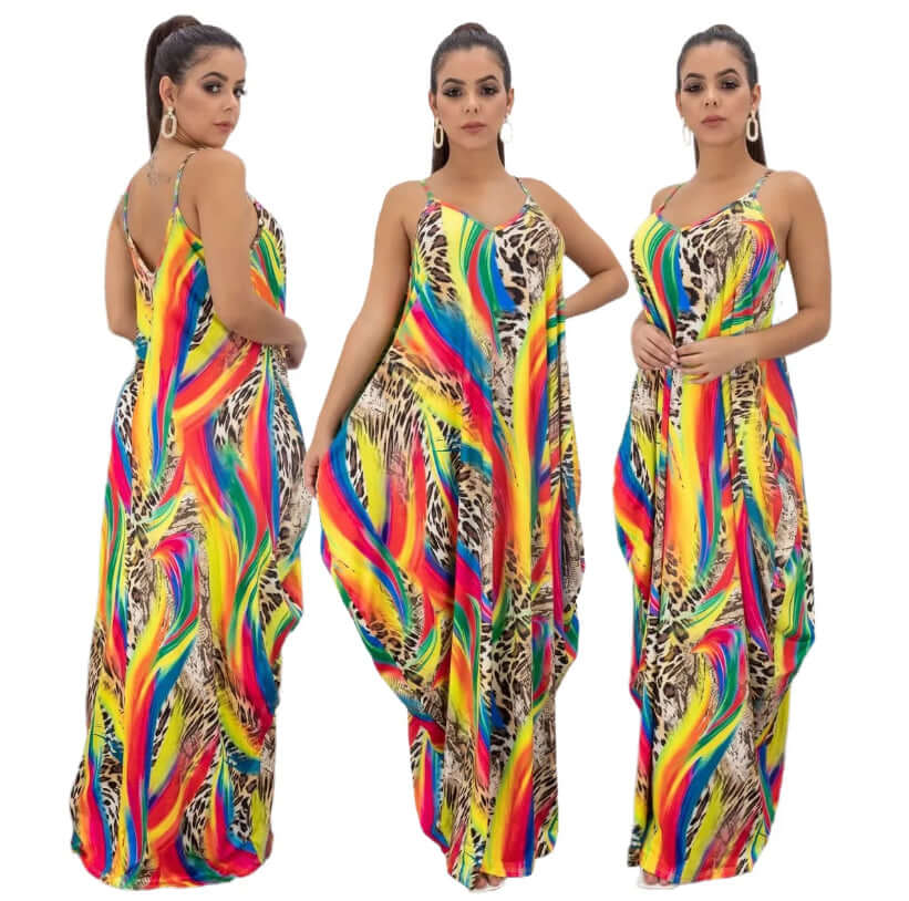 Rainbow Print Sleeveless Striped Floor Length Sundresses with Pockets