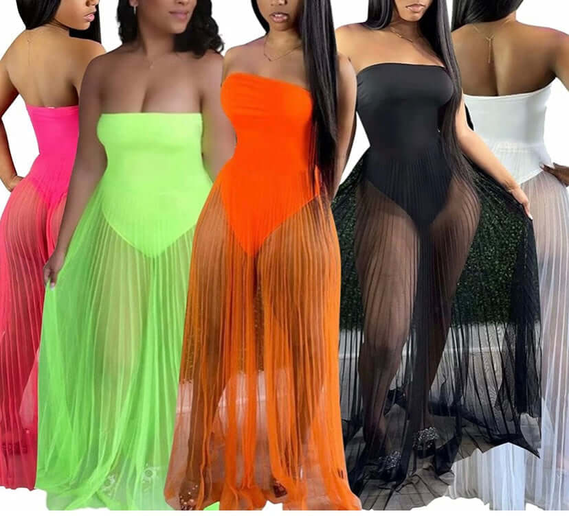 Off Shoulder Sleeveless Plain Sheer Mesh Dress