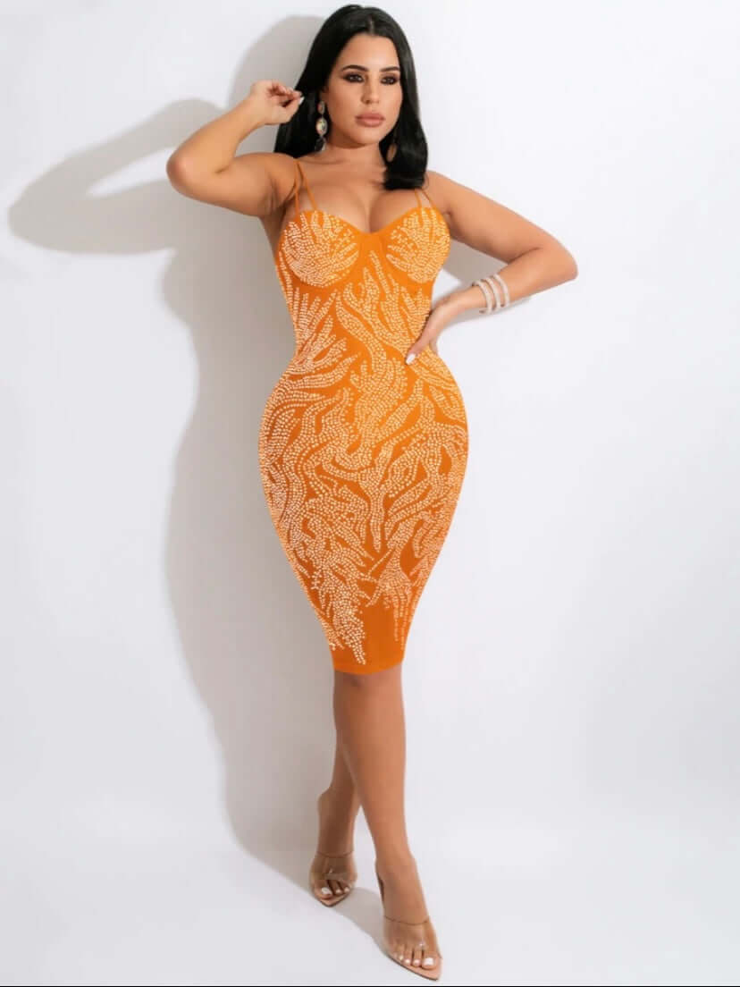 sheer orange Rhinestone Spaghetti Strap Bodycon Midi Dresses